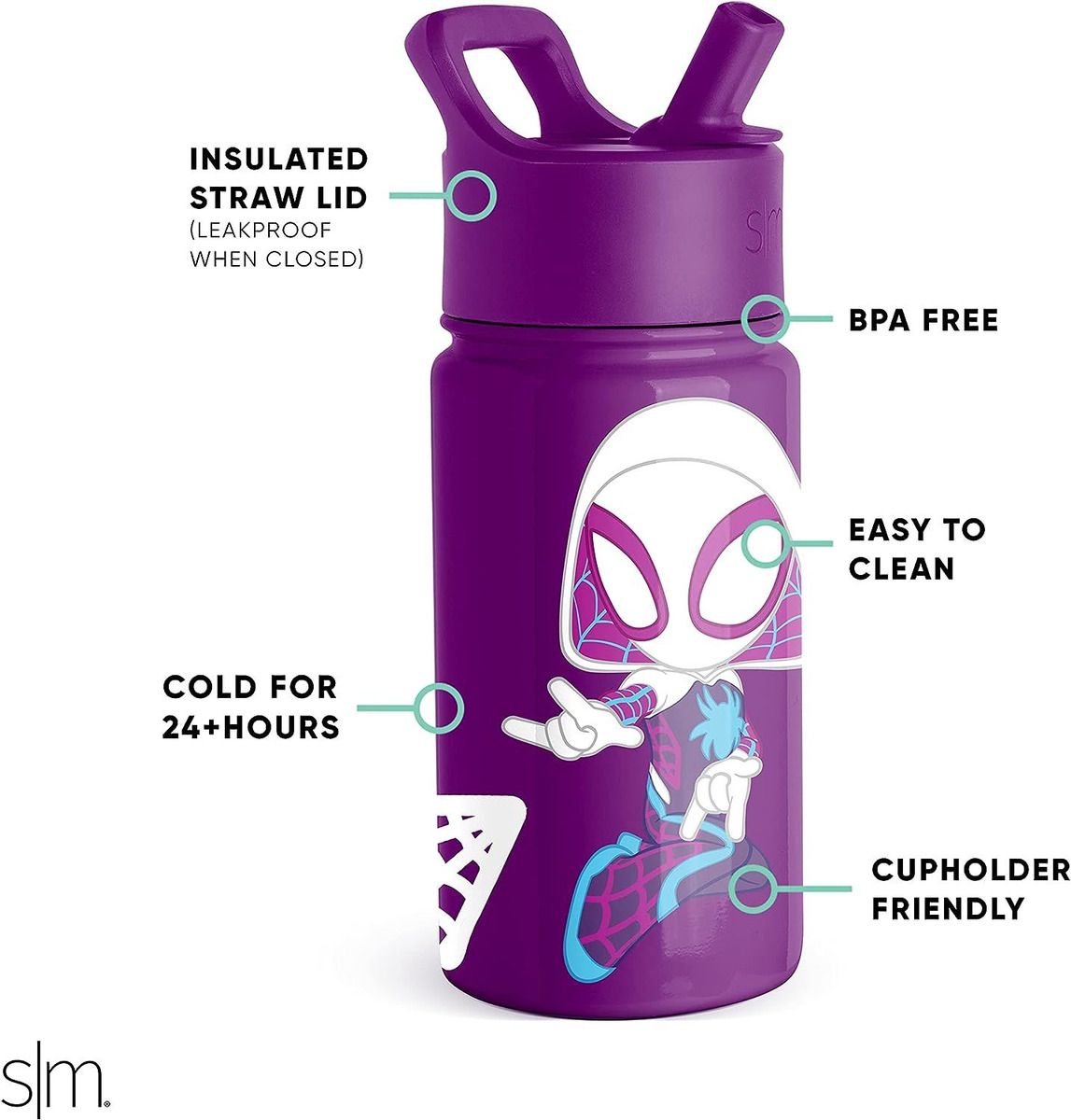 Simple Modern Spiderman Kids Water Bottle with Straw Lid | Marvel Insulated Stainless Steel Tumbler for School, Toddlers, Girls | 14oz, Gwen Stacey