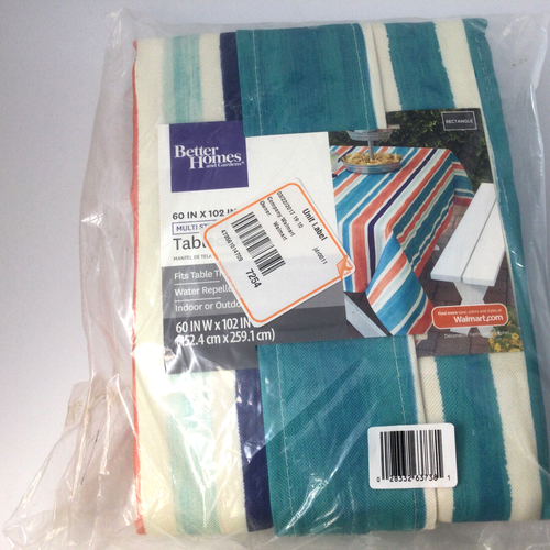 Multi Stripe Tablecloth White Blue Coral Orange 60 in x 102 in Outdoor Indoor - Picture 2 of 4