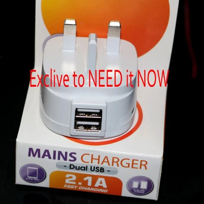WHITE DOUBLE USB UK AC WALL PLUG CHARGER ADAPTER 2A FOR ALL iPhones SAMSUNG HTC - Image 1 of 4