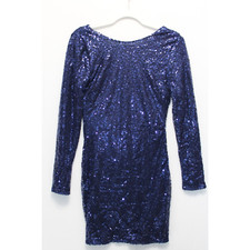 Club L Bodycon All Over Sequin Short Dress Women 8 Open Cowl Back Side Zip Blue