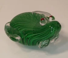 Murano Style Green Figural Frog Toad Red Eyes Art Glass Paperweight Heavy Swirl 