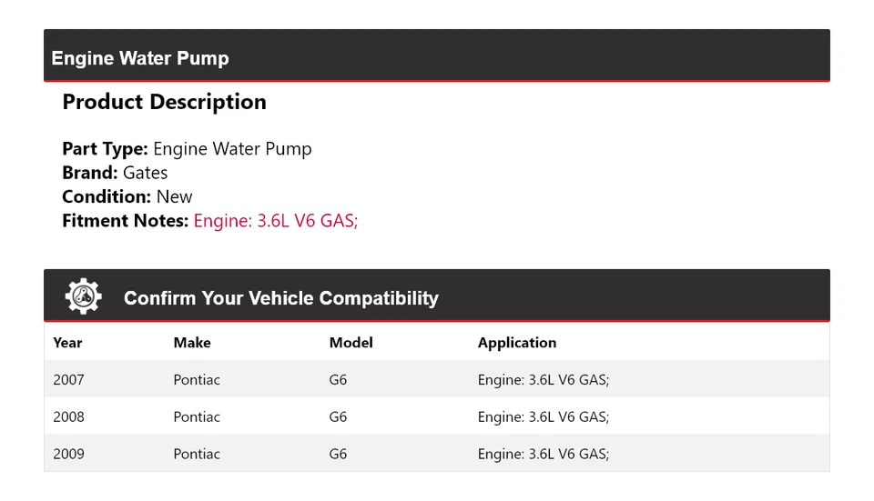 Para Pontiac G6 2007-2009 3,6 L V6 motor de gas puertas de bomba de agua 2008 Foto 2 de 4