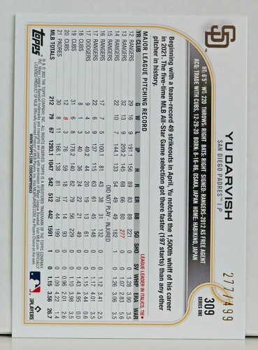 2022 Topps Series 1 Yu Darvish 309 Green Foil Parallel 277/499 - Picture 2 of 2