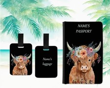 Highland Cow Floral Watercolour Passport Holder Luggage Tag Personalised Gift