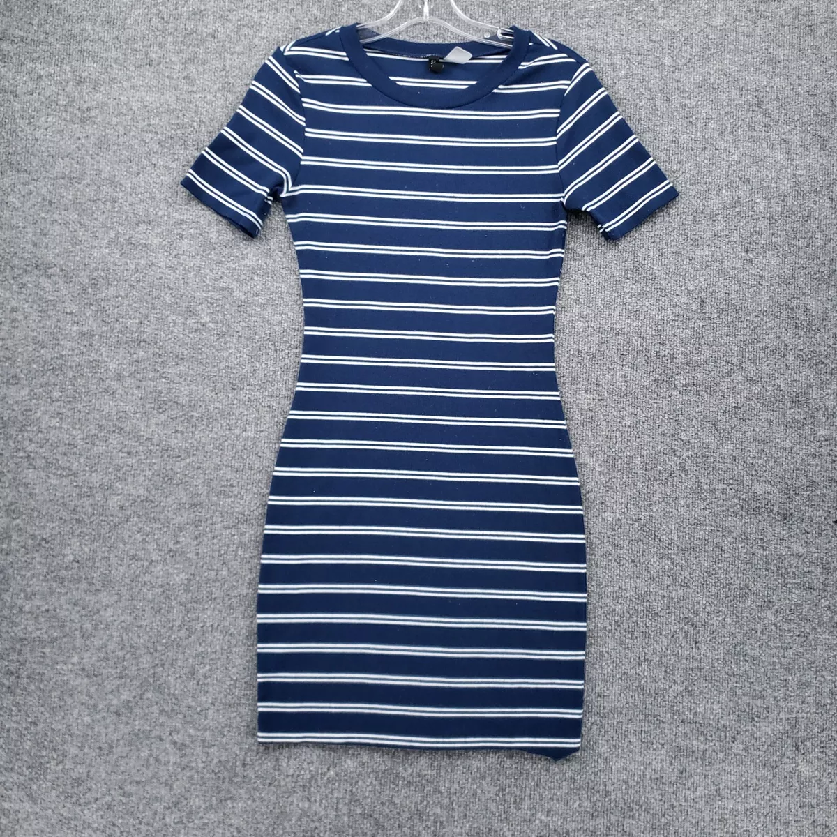 H M Divided Dress Womens 8 Blue Bodycon Striped Short Sleeves
