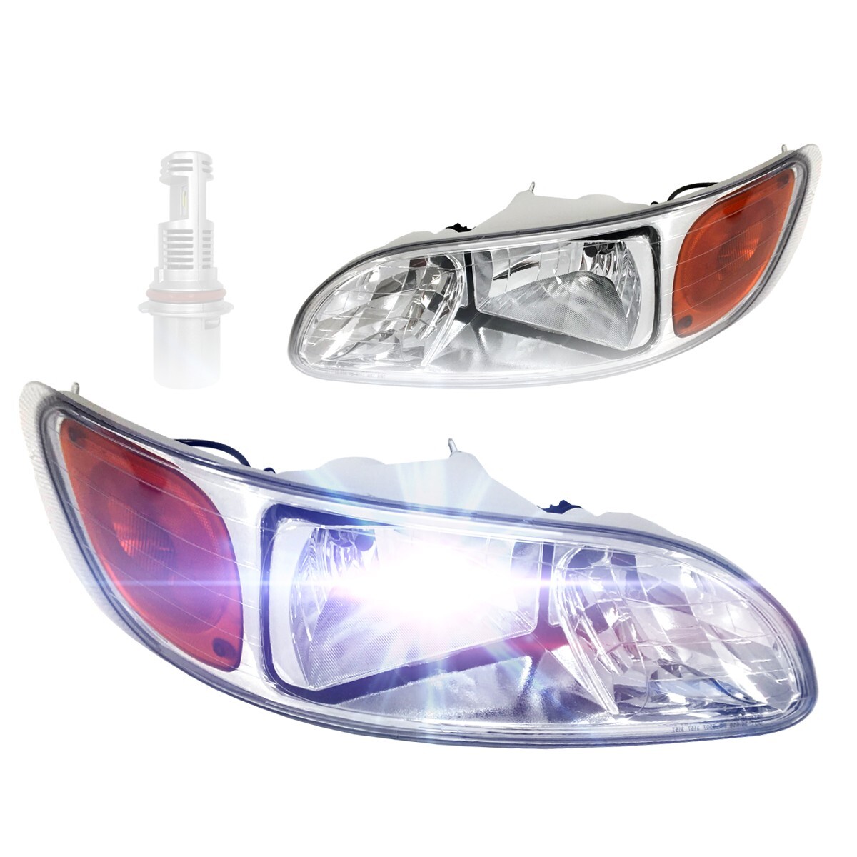 Pair Composite Headlight Assembly For Peterbilt 337 340 348 382 384 386 387 – DOT/SAE, Halogen, Clear Lens