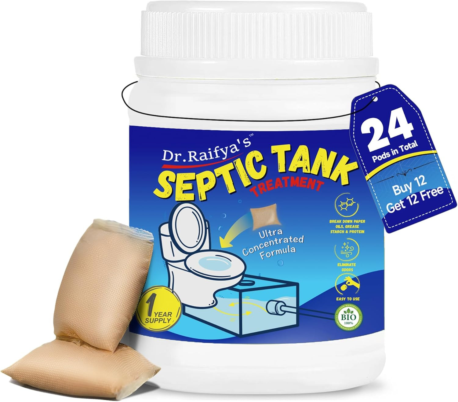 Septic Tank Treatment Pods - 24 Pcs for 2-Year Supply | Suitable for All Systems
