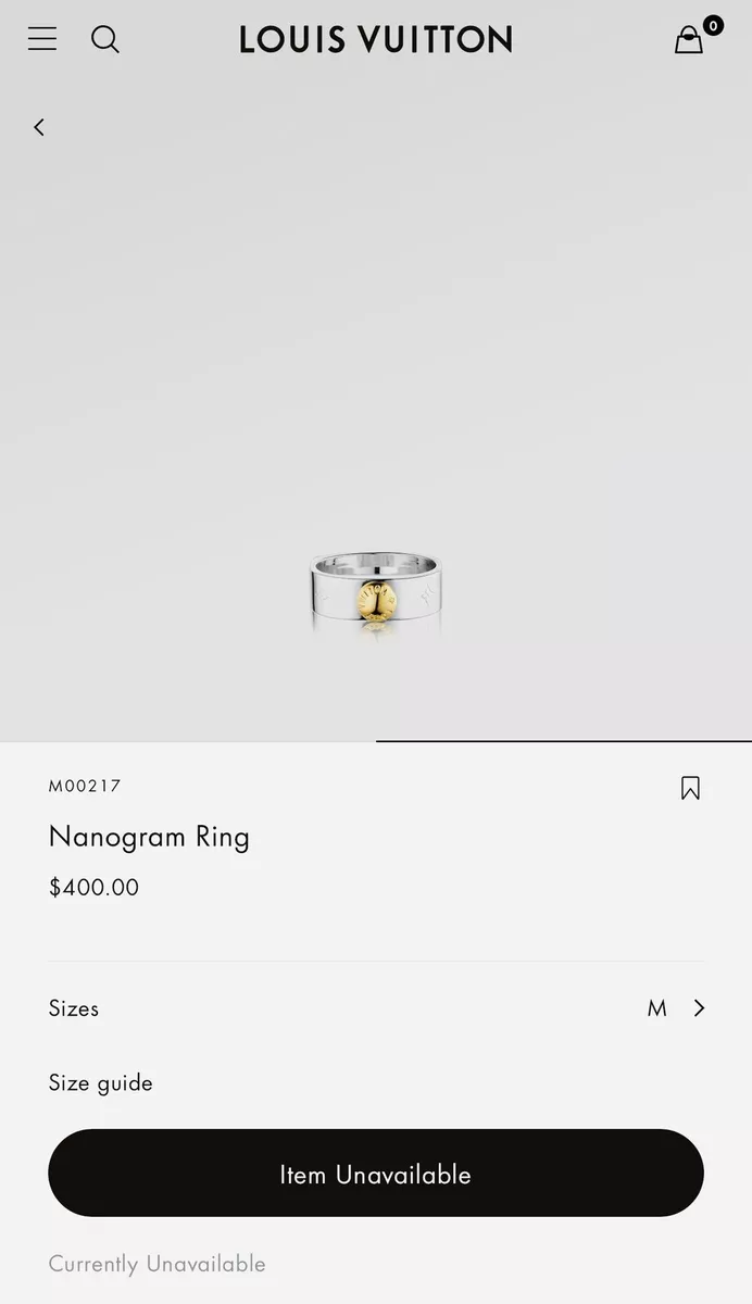 Louis Vuitton Nanogram Ring Dore Metal. Size M