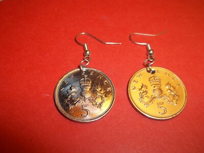 FÜNF (5) PENCE MÜNZTROPFEN SILBER OHRRINGE - DISTEL & KRONE - 1968 bis 1989