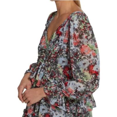 Cinq à Sept Women's Lewis Long Puff Sleeves Floral Georgette Mini Dress Blue 0