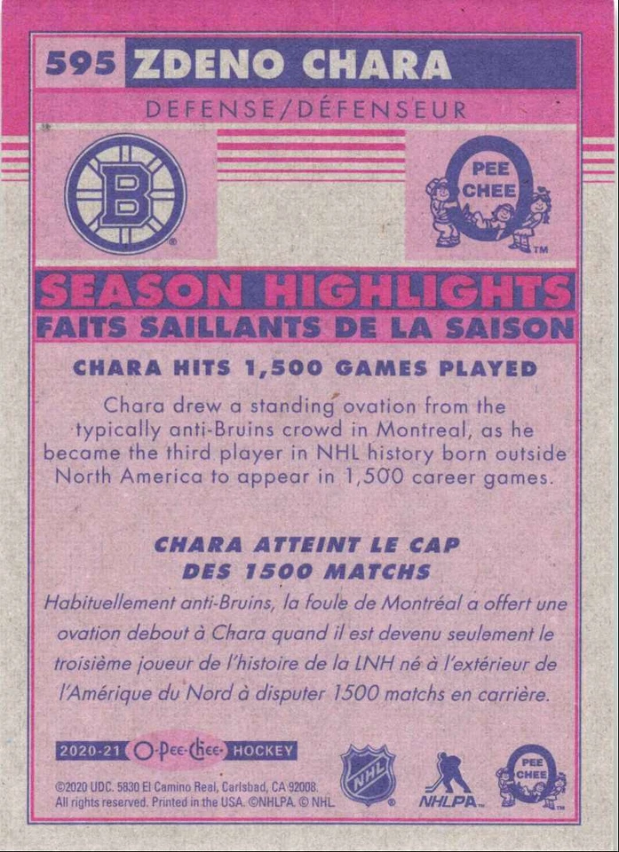 2020-21 O-Pee-Chee Season Highlights Zdeno Chara Boston Bruins #595 - Image 2 of 2