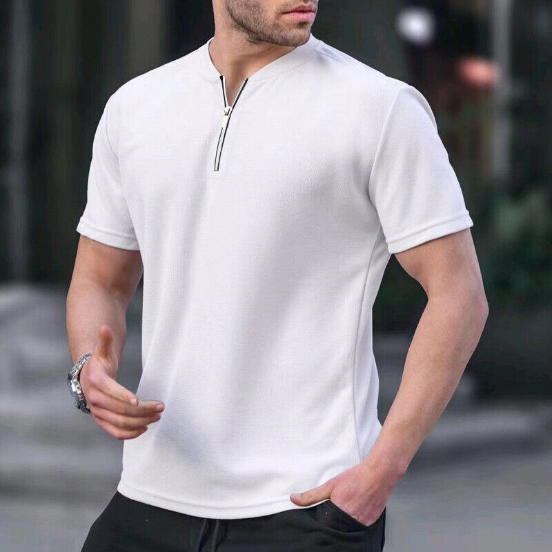 Men's Summer Zipper Shirt Collarless Short Sleeve T-shirt Men's Summer Zipper Shirt Collarless Short Sleeve T-shirt