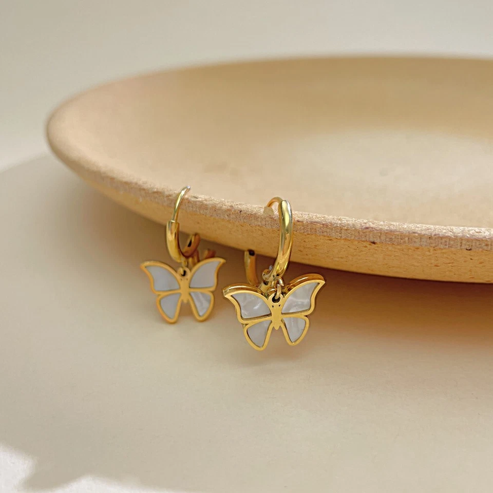 Edelstahl Creolen mit Anhänger Schmetterling Perlmutt Damen Mädchen Ohrringe - Bild 3 von 4