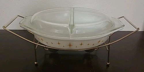 Vtg Pyrex Constellation Atomic Starburst Divided Dish Lid & Candle Warming Stand