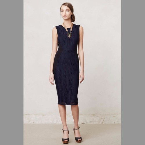 NEW Anthropologie Sparrow Navy Blue Chevron Lace Bodycon Midi Dress XS - Picture 1 of 7