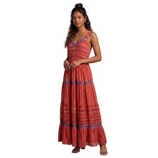 RAGA India Boho Stripe Maxi Dress Medium Red Orange Embroidered Tiered NWT $185