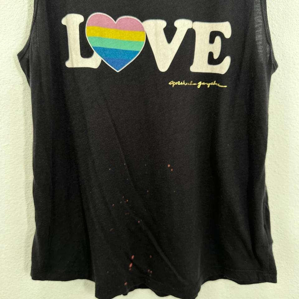 Tanque preto gangster espiritual tamanho pequeno micro modal AMOR gráfico de coração arco-íris - Imagem 3 de 4