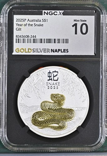 2025P AUSTRALIA YEAR OF THE SNAKE 1oz SILVER GOLD GILT NGC MINT STATE 10