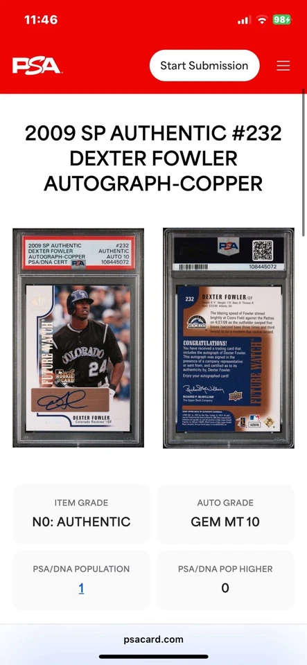 Auténtico cobre SP 2009 #232 Dexter Fowler novato/50 auténtico Auto PSA 10 POP 1! Foto 3 de 3