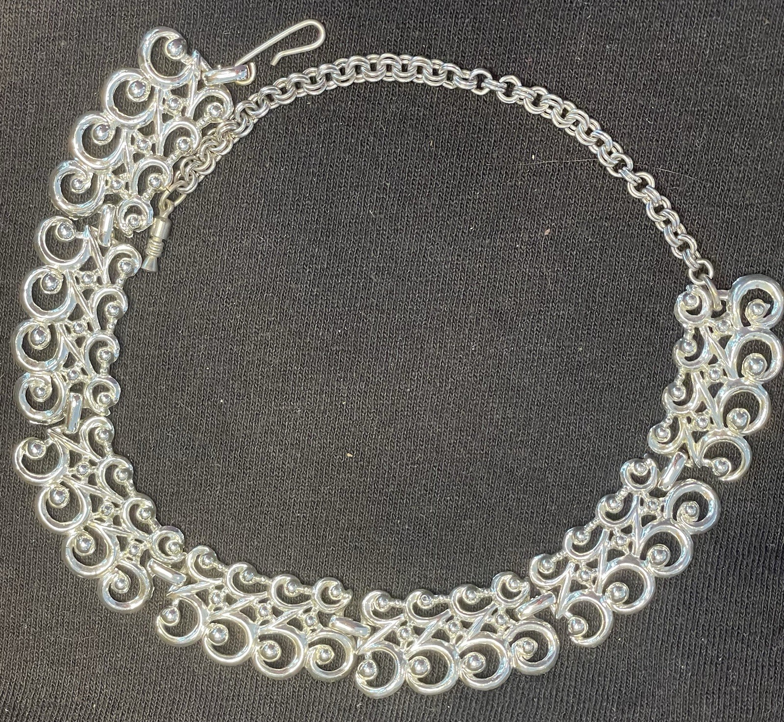 Silver Swirl Statement Necklace Unsigned Filagree… - image 5