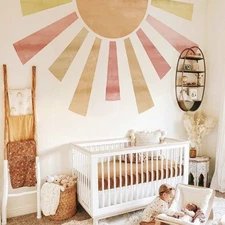 Large Fabric Watercolor Boho Half Sun Wall Decals Peel and Stick, Pastel Sunr...