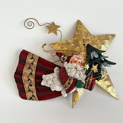 3D Tin Metal Santa Hanging Ornament Flying Old World Santa Tree Gold Stars