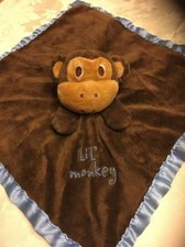 Lil Monkey Security Blanket Baby Essentials Brown Blue Satin Lovey Rattle