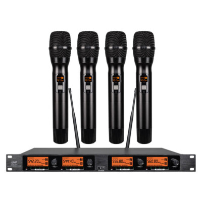 Wireless Microphone System Pro Audio UHF 4 Channel 4 Handheld Metal Dynamic Mic