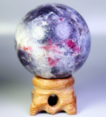 205g Natural Marvelous Lepidolite Purple Mica & Red Tourmaline Sphere Ball Stand