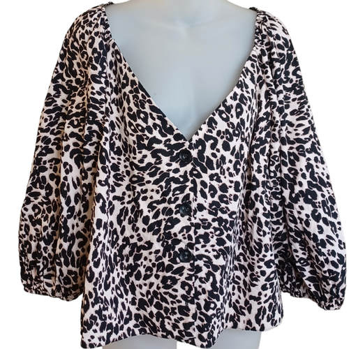 Asos Design Womens Animal Print Top 14 Deep V Neck Button Front Leopard Cheetah - Picture 1 of 6