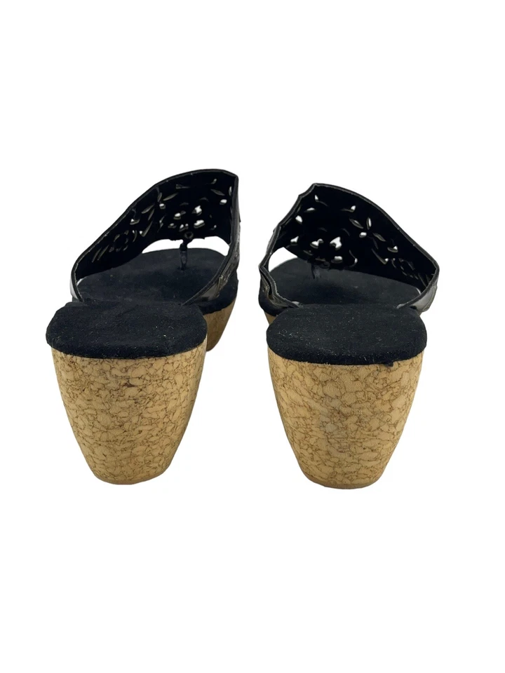 女式黑色镂空花卉软木楔形丁字裤凉鞋女式美国 8 码 — 第 4/4 张图片