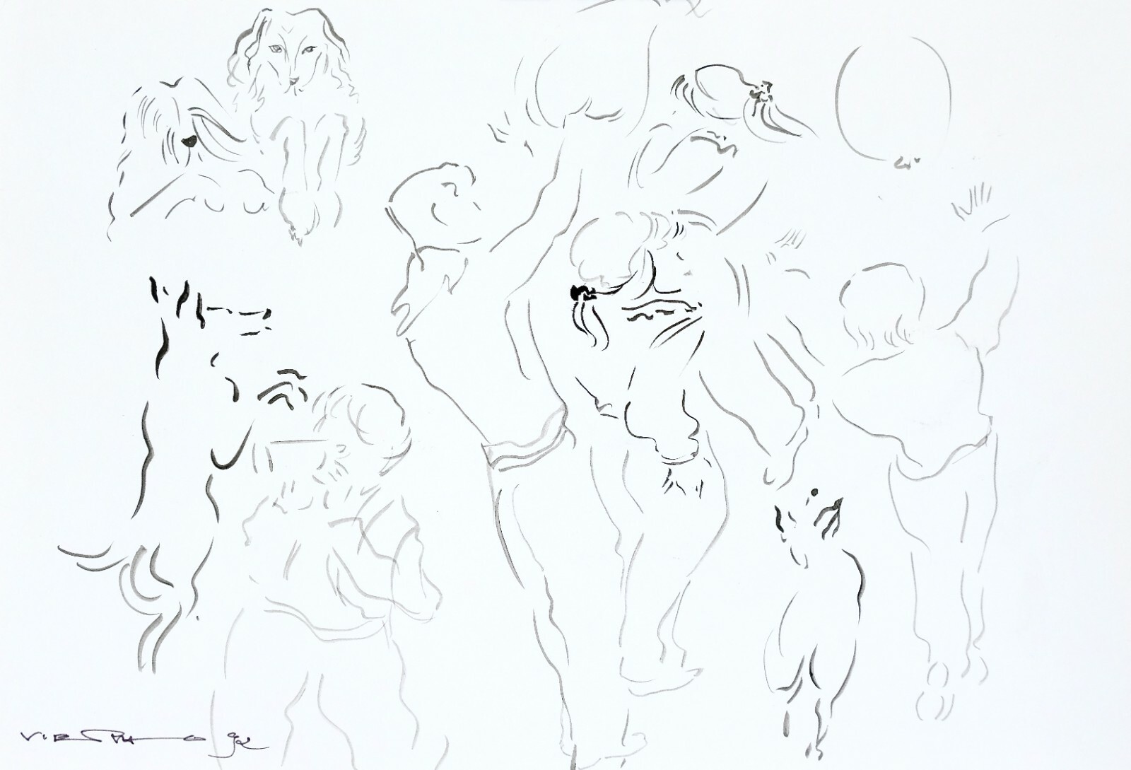 Claude Vietho Original Ink Drawing Outdoor Games Art