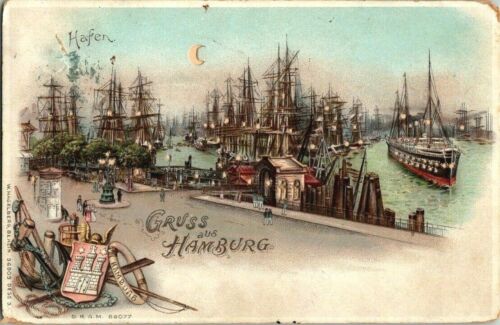 1899, SHIPYARDS. MOON LIGHT. GRUSS AUS HAMBURG. HAFEN. POSTCARD r15 - Picture 1 of 2