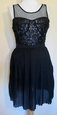 Esley Little Black Cocktail Party Dress pleated skirt mesh & sequins Med ~ NEW