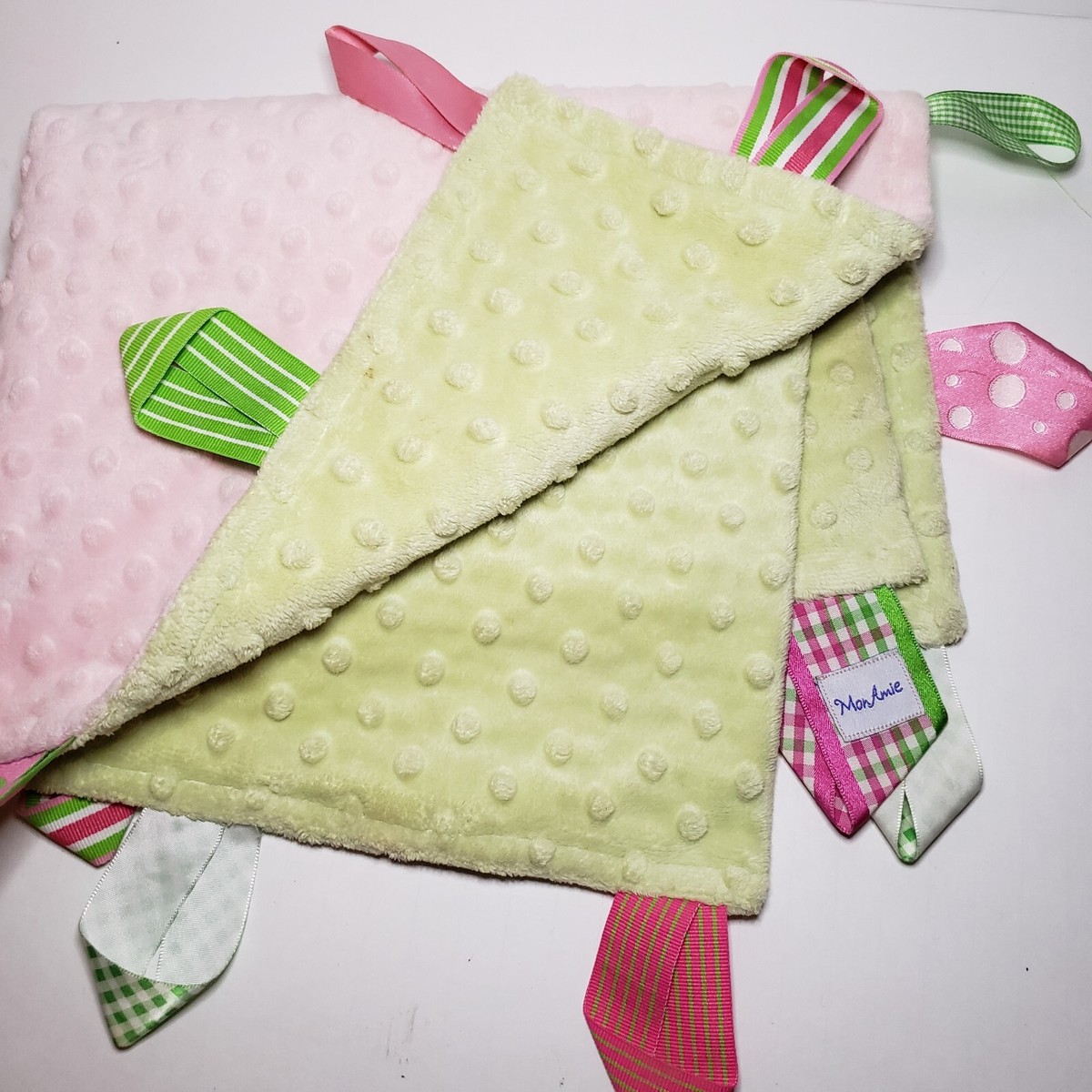 Mon Amie Taggie Pink Green Lovey Security Minkee Blanket Ribbon