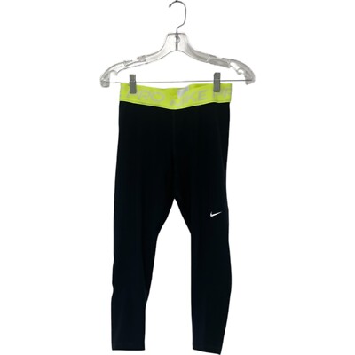 Nike Pro Pull On Capri Leggings Womens Size M Black Logo Yellow Waistband