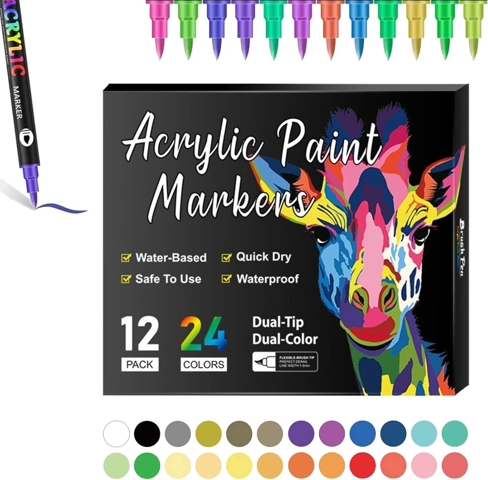 12 Pieces 24 Colors Acrylic Paint Marker Pen Set Dual Tip Brush DIY Art Projects - image 4 of 4