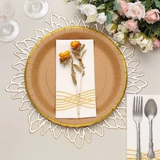 25 Natural 10" Round Disposable Dinner Salad Paper PLATES Gold Lined Trim Party