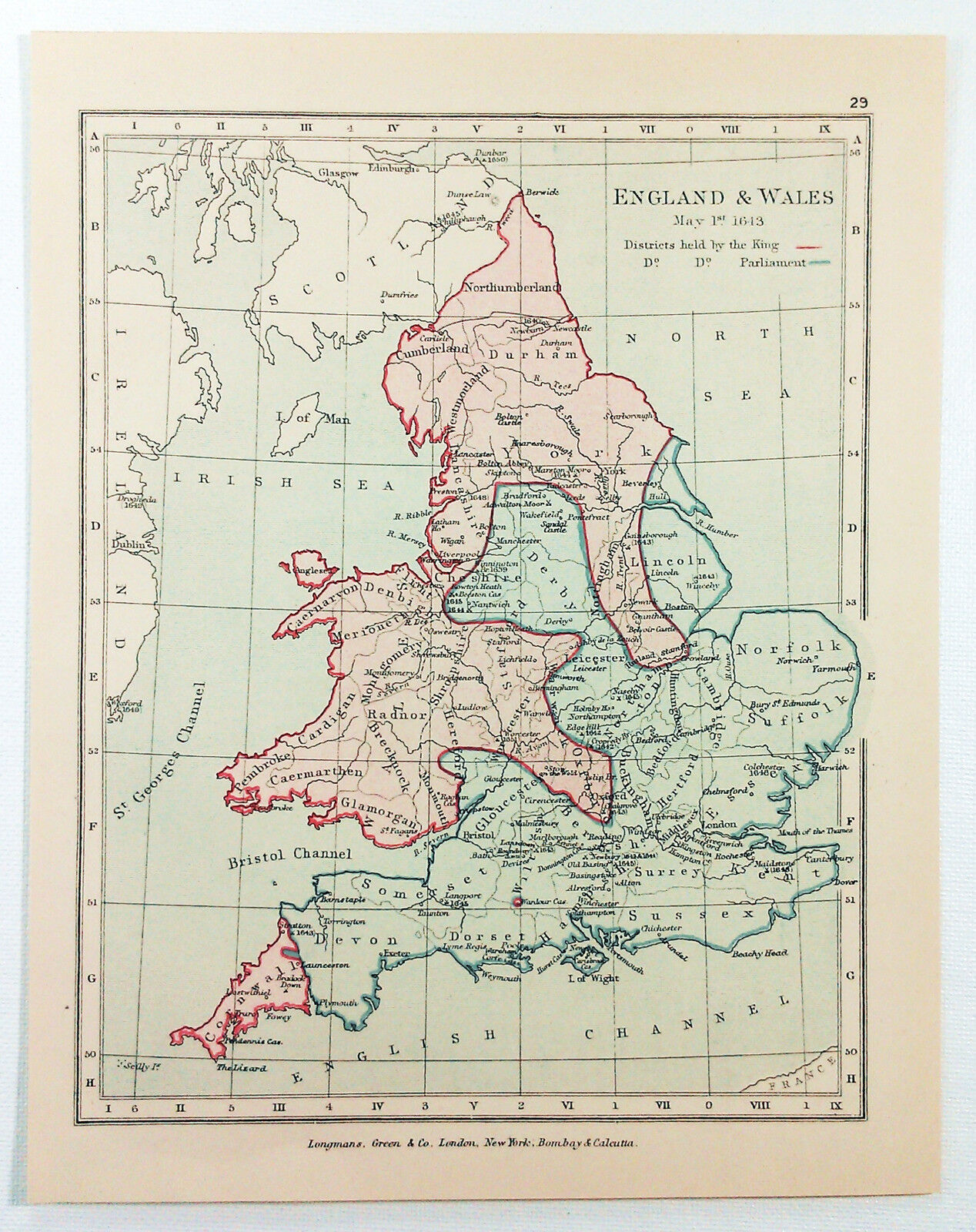 Vintage Map of England & Wales on May 1, 1643 by Longmans Green 1914