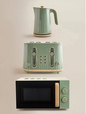 Kettle Toaster Microwave Kitchen Set Green Wood Textured Scandi Stylish Esential