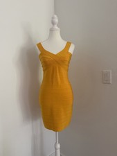 Yellow Solid Bandage Bodycon Knee Length Dress V-Neck Strappy Sleeve Zip Size S