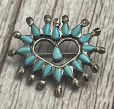 Vintage Sterling Silver Native Zuni Petit Point Turquoise Heart Pin Pendant 1”