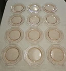 Vtg. Set of 12 Octagon Pink Depression Glass 8" Plates with Etched Design