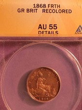 GREAT BRITAIN FARTHING 1868 MS-60 DETAIL ANACS (RECOLORED) VICTORIA