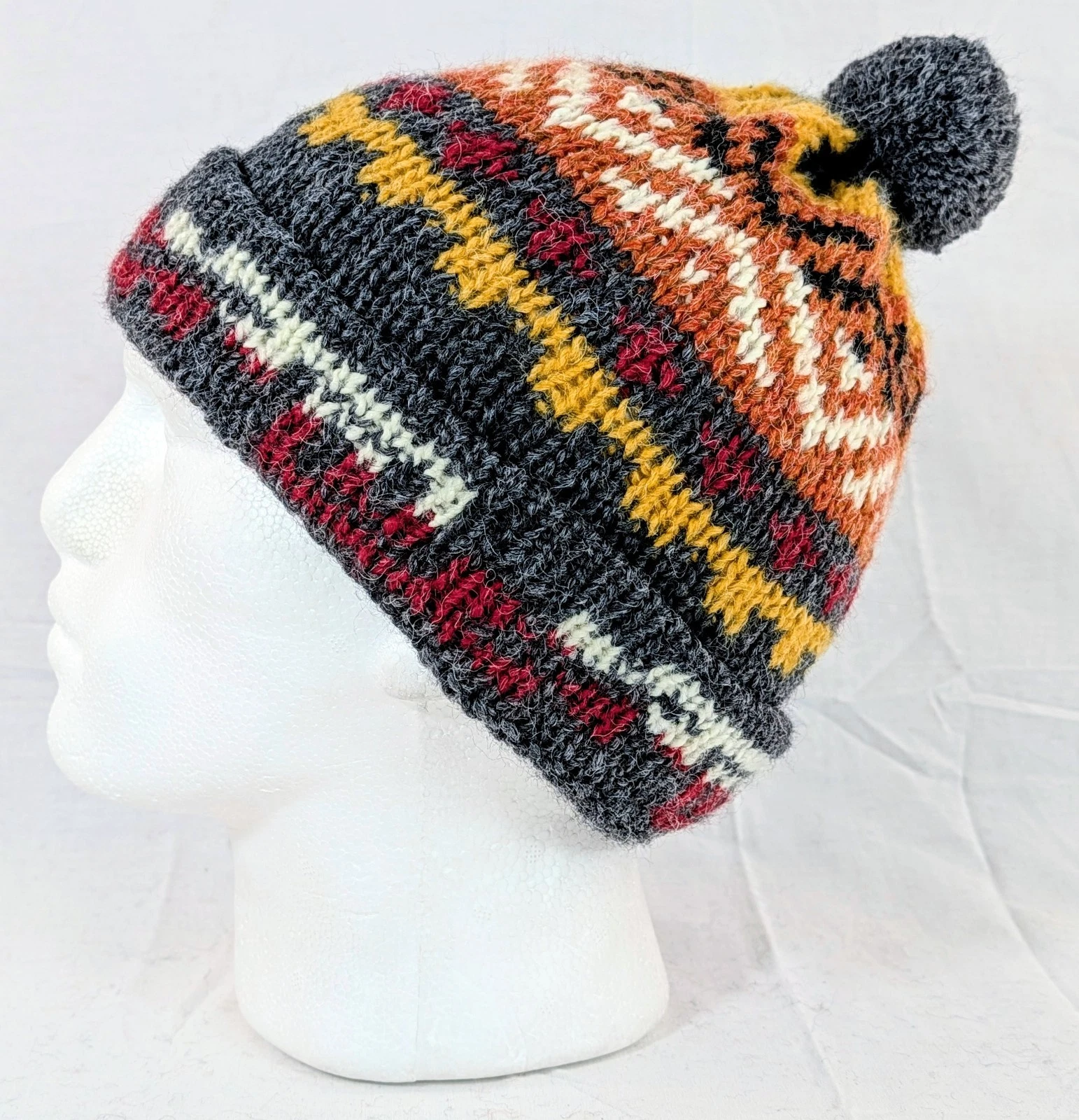 Colorful Soft Alpaca Gray Beanie Pom Pom Handmade Unisex Boho Peru