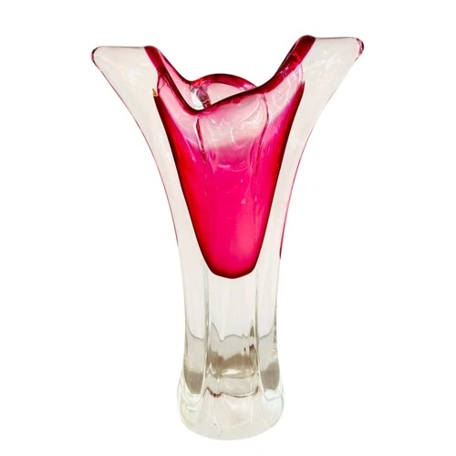 Vintage Murano Sommerso Vase Cranberry & Clear Hand Blown Glass 11.5" Tall Italy