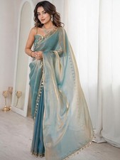 Women Ready to Wear Sky Blue Tissue Satin Silk Readymade Pre Pleated Saree With