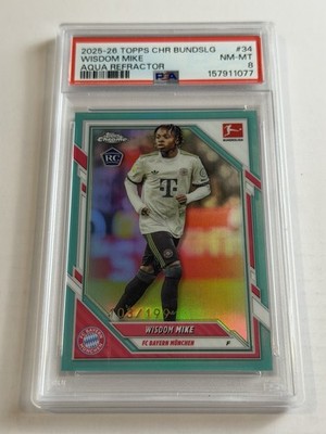 2025-26 Topps Chrome Bundesliga Wisdom Mike Rookie RC Aqua Refractor #/199 PSA 8