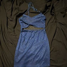 SheIn Blue Glitter Cut Out Bodycon Mini Dress Strappy Sleeveless Size L
