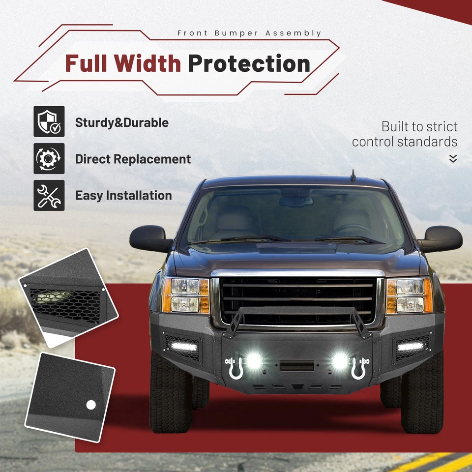 Black Steel Front Bumper Assembly W/LED Spotlights For GMC Sierra 1500 2007-2013 - Изображение 2 из 4